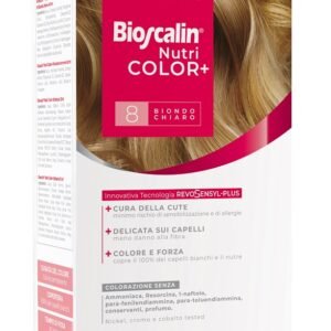 Bioscalin nutricolor plus 8 biondo chiaro crema colorante 40 ml + rivelatore crema 60 ml + shampoo 12 ml + trattamento finale balsamo 12 ml