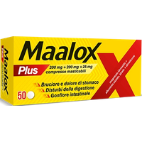 Maalox Plus 200mg + 200mg + 25mg Trattamento Iperacidità Bruciore e Dolore Gastro-Intestinale, 50 Compresse Masticabili